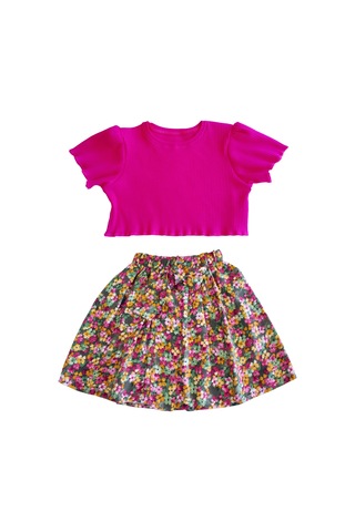Etekli Crop Takım, Pamuklu Çiçekli Etek - Pamuklu Fuşya Crop Fuşya-çiçekli1 Fuşya