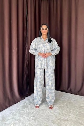 Mavi Leopar Desenli Ceket Ve Pantolon Keten Takım Mavi