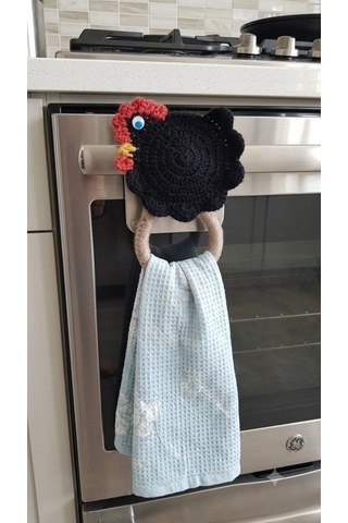 El Örgüsü Tavuk Motifli Halkalı,mutfak Banyo Dekoratif Askı Siyah S