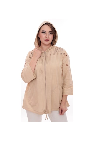 Lady Majestic Büyük Beden %100 Cotton Kapüşonlu Hırka Rahat Ve Şık Tasarım - 44462 Bej