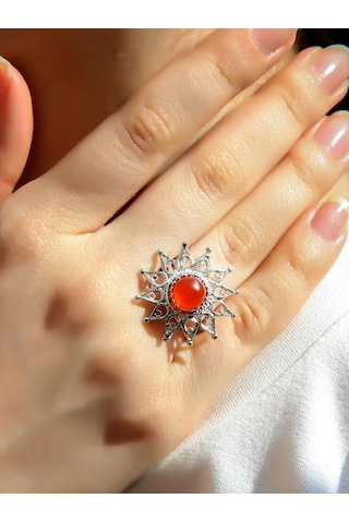 Esha Store Doğal Taş Akik Doğal Taşlı Yıldız Model Telkari Kadın Ayarlanabilir Gümüş Kaplama Yüzük Euy60ar Kırmızı