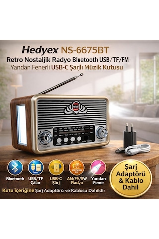 Hedyex Ns-6675bt Retro Nostaljik Radyo Bluetooth Usb/tf/fm Yandan Fenerli Usb-c Şarjlı Müzik Kutusu