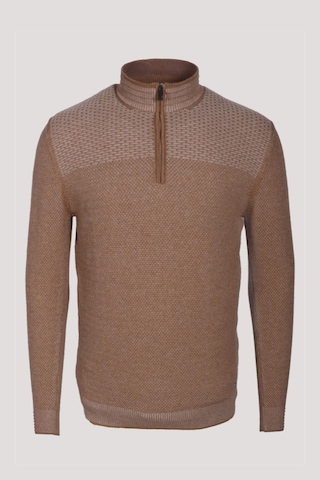 Erkek Triko Yarım Fermuarlı Camel Slim Fit Desenli Pamuklu Knitwear Ncs Jeans 3709 Camel