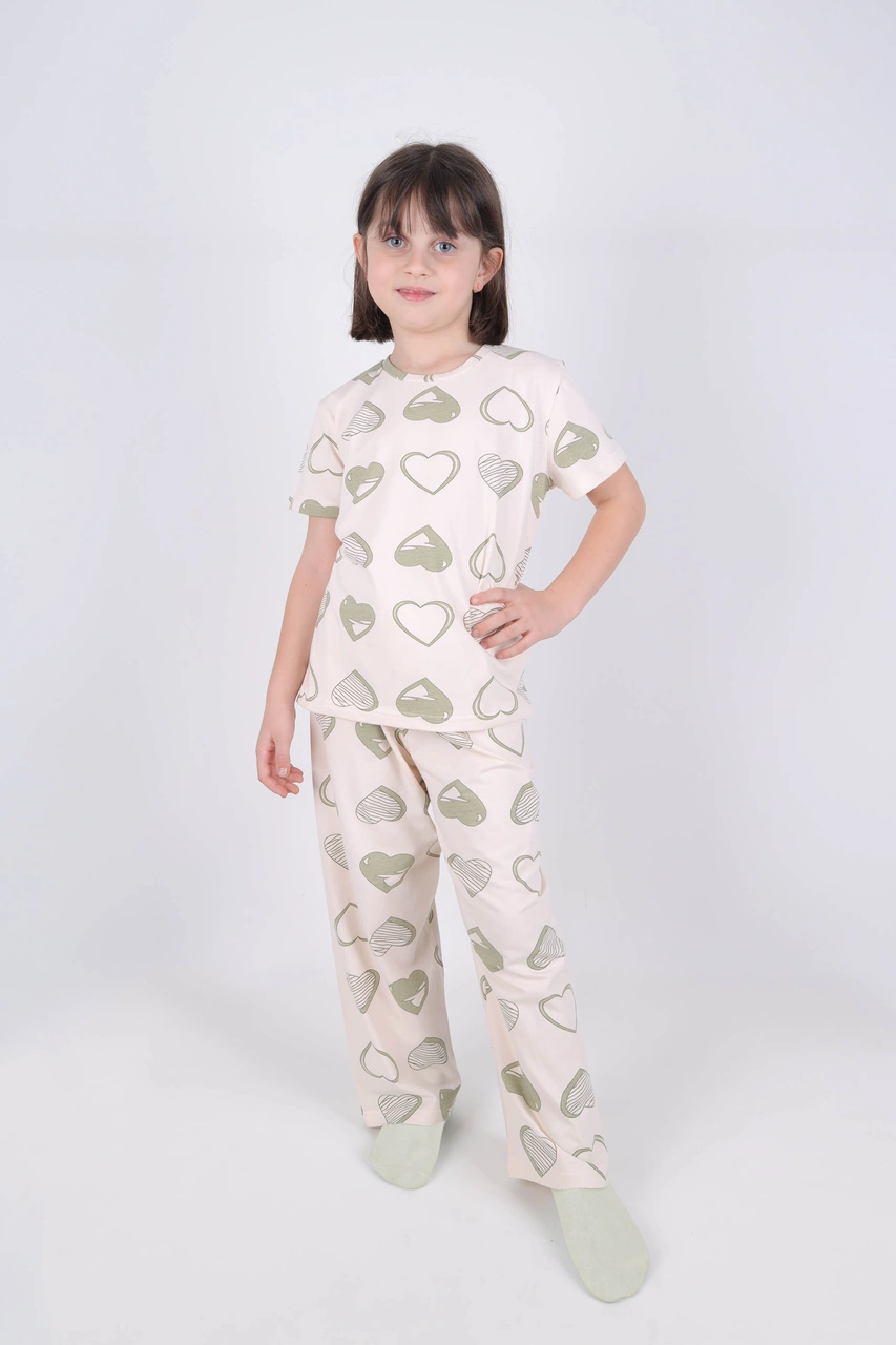 Kız Çocuk Pamuklu Kalpli Desenli Pijama Takımı Kc30102 Ekru - Yeşil