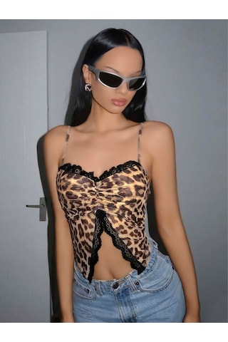 Kadın Leopar Desenli Crop Önden Dantel Detaylı 5095 Siyah