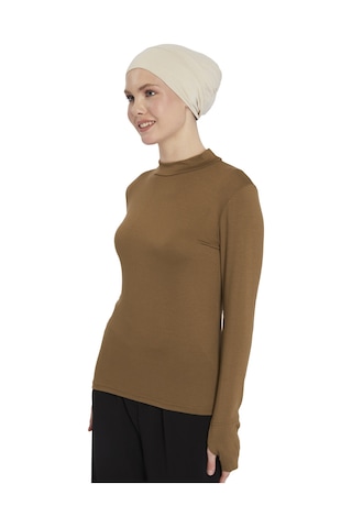 Kadın Organik Parmak Geçmeli Balıkçı Yakalı Body Açık Çikolata