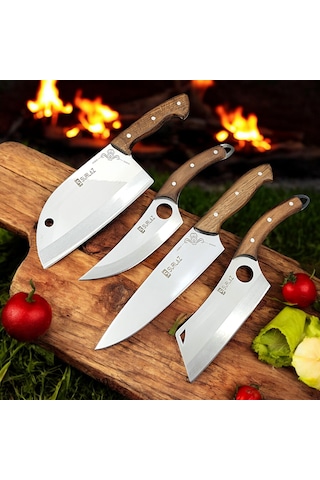 Sürlaz Şef Bıçak Seti 4 Parça Almazan Bıçak Outdoor Bıçakları Hed Kahve