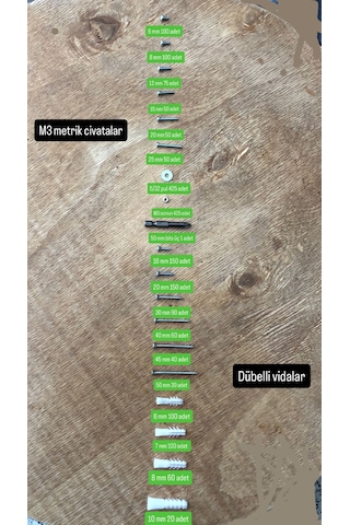 2077 Parça 20 Çeşit Sunta Vidası,dübel ,metrik 3 Mm Civata ,somun