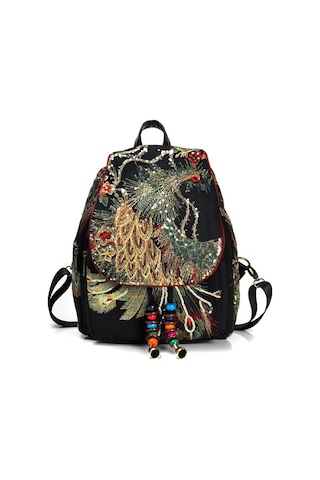 Siyah Vintage Kadın Sırt Çantası Nakış Tavuskuşu Payet Sırt Çantası Ulusal Boho Boncuk Seyahat Okul Çantası Siyah