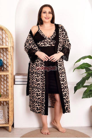 Siyah Renk Leopar Desenli Lady 19219 Askılı, Battal, Büyük Beden 2li Sabahlıklı Anne Gecelik Takım