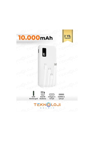 10.000 Mah Powerbank Elfenerli Dijital Led Gösterge Kendinden Kablolu Taşınabilir Şarj Aleti 4 Çıkış BEYAZ