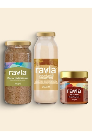3'lü Ürün - Ravla Badem İçeceği Konsantresi - 250g /ravla Salgı Balı Meşe Kaynaklı - 250g/ravla İğde Unu 100g