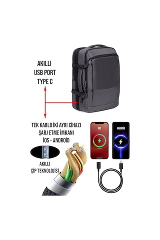 Körüklü Laptop Sırt ve Seyahat Çantası 15,6 İnç 40 Litre Usb Su Geçirmez Kumaş Gri Dada 12