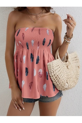 Ge Ticaret Kadın Yaprak Desenli Göğsü Gipeli Mosskrep Straplez Bluz Pembe