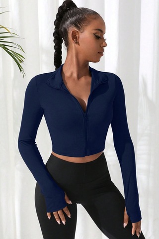 Cosmos E-ticaret Kadın Lacivert Uzun Kol Fermuarlı Parmak Geçme Detaylı Dik Yaka Crop Top Bluz Çok Renkli