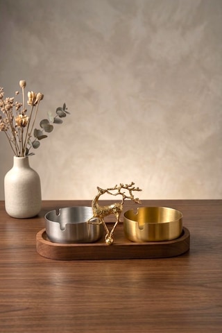 Küllük Ahşap Sunumluk Lüks Geyik Stand Gold-gümüş Metal İkili Dekoratif Küllük Gold