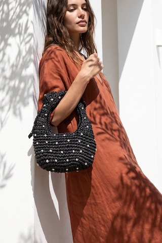 Yıldız Kristal Taşlı Siyah Örme Düğümlü Yarım Ay Silüetli Rustik Makrome Portföy Clutch Fermuarlı Astırlı Örgü Hasır Yazlık Tatil El Çantası