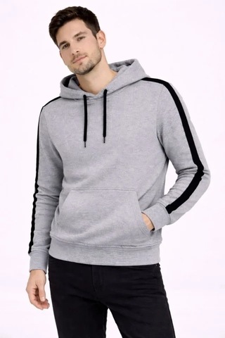 Vexor Erkek Şeritli Kapüşonlu Sweatshirt Oversize 3 Iplik Pamuklu - Gri