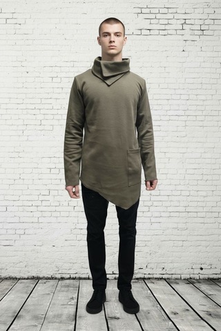 Şal Yaka Cep Detaylı Erkek Sweatshirt Haki