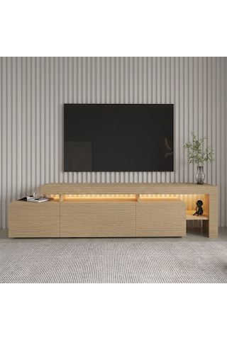 Beliz Modern Led Işıklı 3 Kapaklı, Raflı Tv Sehpası 192 Cm Sıcak Meşe/safir Meşe