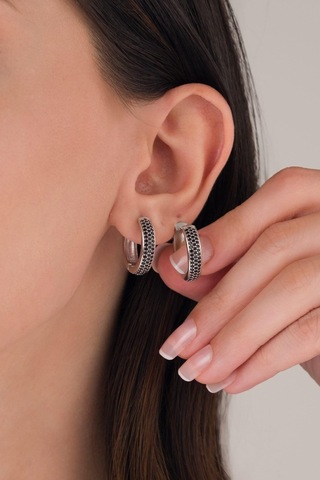 20 Mm Gümüş Siyah Zirkon Taşlı Bombeli Halka Küpe
