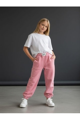 Kız Çocuk İnce Şardonlu Oversize Tasarım Eşofman Alt-16473 Pembe
