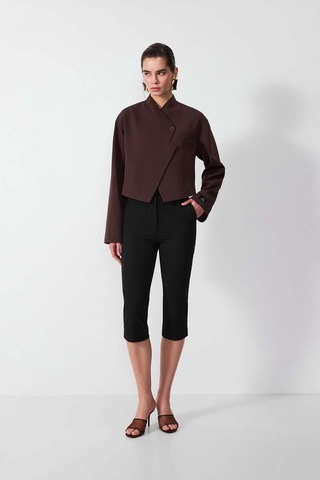 Vatkalı Diagonal Crop Blazer Ceket-16645 Kahverengi