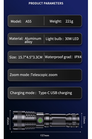 Wezone A55 Beyaz Lazer El Feneri, 1200 Lumen, Usb Hızlı Şarj, 3280ft Uzak Menzil, Su Geçirmez, Fokus Ayarlanabilir, Kamp/hiking/acil Durumlar İçin Led El Feneri Siyah