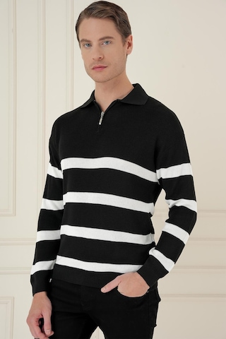 Efor Slim Fit Çizgili Fermuarlı Polo Yaka Siyah Triko Kazak Tr 877 Siyah