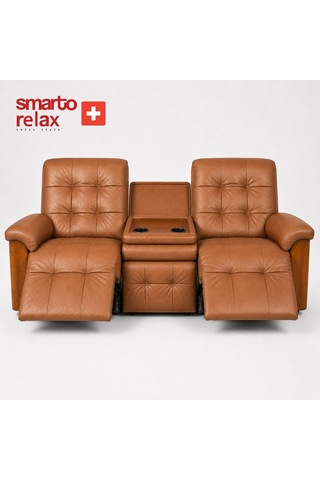 Smarto Relax Berlin 3 Lü Orta Konsollu Bardaklıklı Yatar Ayak Uzatmalı Ergonomik Deri Sinema Tv Koltuğu Kahverengi
