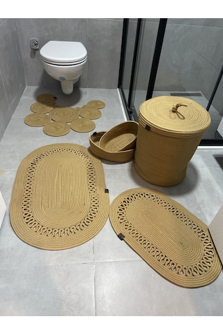 Banyo Takımı Çamaşır Sepeti Banyo Organizer Sepet Paspas Klozet Önü Paspas 6 Lı Banyo Seti Kahverengi