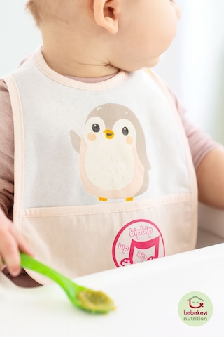Düdüklü Cepli Sıvama Mama Önlüğü - Minik Penguen Pembe Bebek Önlüğü Açık Pembe