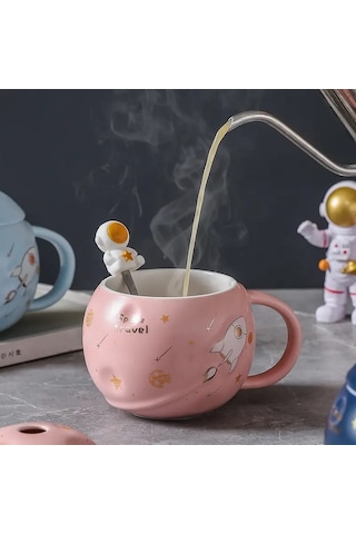 Astronot Temalı Porselen Kupa Bardak - Pembe