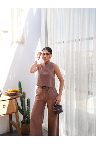 Etiler Collection Keten Bluz Ve Pantolon I Ki Li Takim Kahve