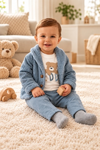 Ahengim Erkek Bebek 3 Parça Takım Ayıcık Baskılı Tişört Hırka Ve Pantolon Seti Ak8536 Bebe Mavi