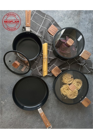 Neoflam Bien Black 7 Parça Indüksiyonlu Tencere Tava Seti, Akasya Ağacı Sap Ve Kulplu