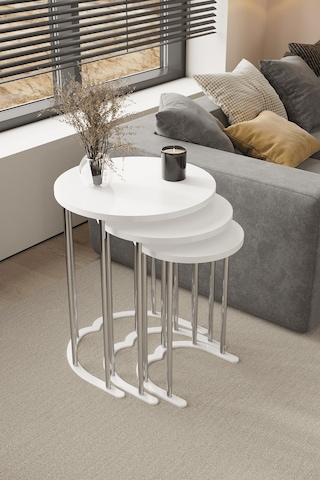 3' Lü Zigon Sehpa Gümüş Ayak Beyaz 18 Mm Mdf Gümüş