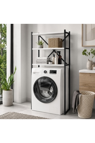Braga Metal 3 Çamaşır Makinesi Üstü Düzenleyici Raf Beyaz Banyo Düzenleyici Dolap Siyah - Beyaz