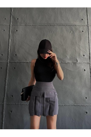 Kadın Gri Kargo Cep Detaylı Pileli Mini Etek-gri Gri