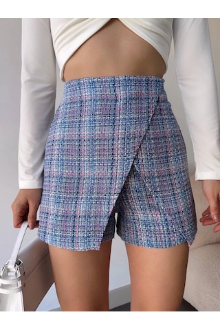 Kapaklı Tüvit Şort Etek Mavi Mavi