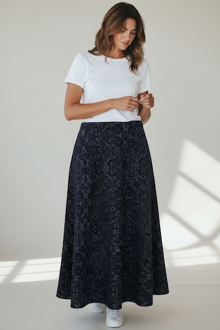 Kadın Beli Lastikli Desenli Sekiz Parça Balık Etek Mavi