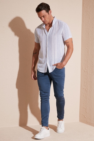 Buratti Çizgili Pamuklu Slim Fit Kısa Kollu Erkek Gömlek Cf23S116097 Beyaz-Saks
