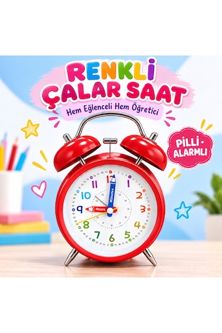 Eğitici Ve Eğlenceli Renkli Çalar Saat Pilli, Metal Gövdeli Çocuk Saati Kırmızı