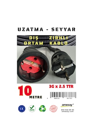 10 Metre Dış Ortam Spiral Zırhlı Uzatma Kablosu - G3x2.5 Kablo Kesiti 10 Metre