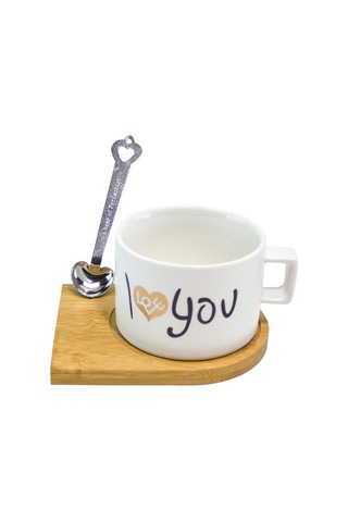 Kupa Bardak Kahve Kupası Love Kaşıklı Ahşap Altlık Mıkantıslı