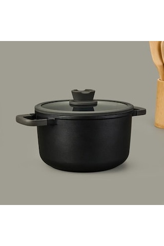 Leo Stone Yapışmaz Kapaklı Alüminyum Döküm Derin Tencere - Siyah - 24x14 Cm Renkli