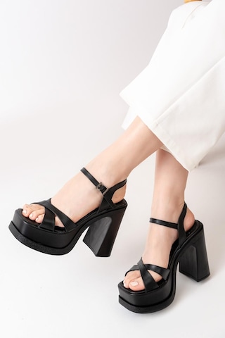 Asmi Shoes Kadın Çapraz Bantlı 12 Cm Platformlu Topuklu Ayakkabbı Siyah Siyah