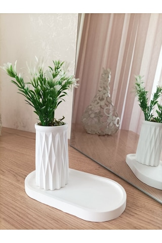 Mini Desenli Beton Saksı Tekli Ve Oval Tabak - Yapay Çiçek Hediyeli - Beyaz