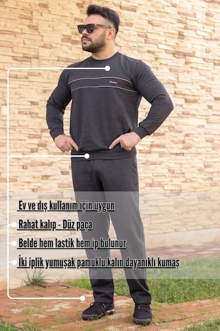 Antrasit Normal - Battal Büyük Beden Kalın Sweat Erkek Eşofman Takımı 21eestbakt Antrasit