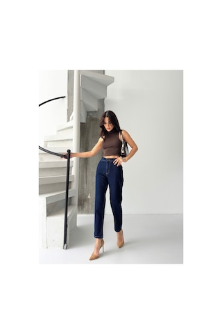 Kene Jeans Kadın Lacivert Ön Pensli Mom Jeans Lacivert